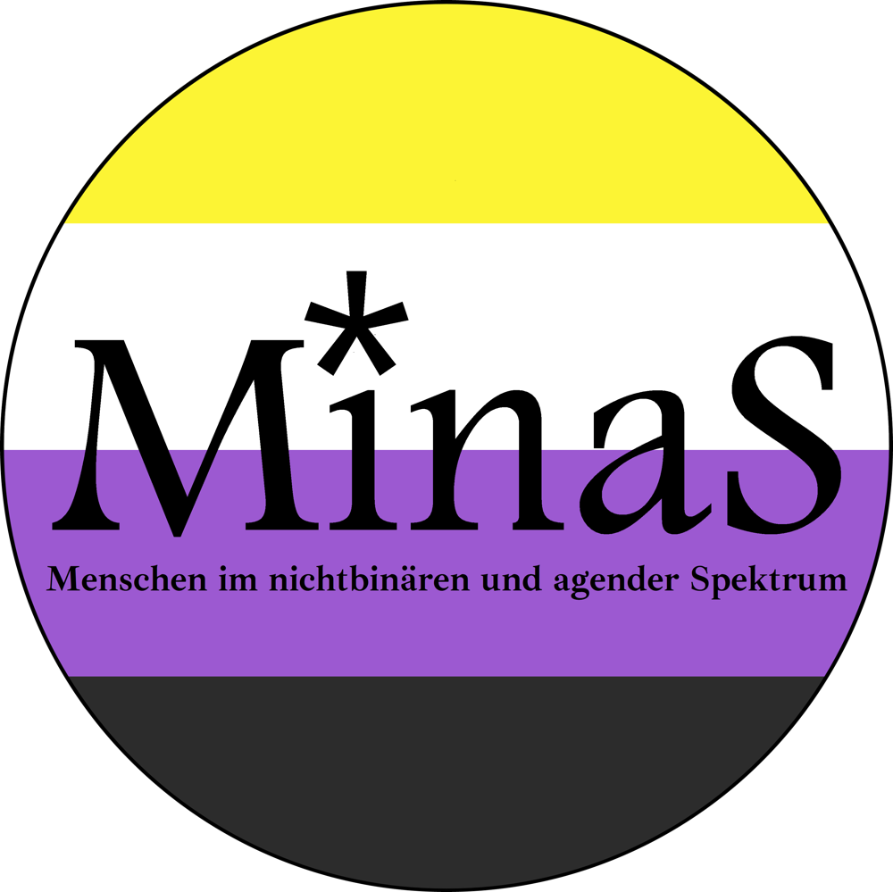 Das MinaS Logo besteht aus einem Kreis in den Farben der nichtbinären Flagge. Im Vordergrund steht groß "MinaS" mit einem * über dem i. Darunter steht in kleinerer Schrift "Menschen im nichtbinären und agender Spektrum".